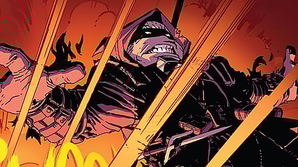 Michelangelo does his own 'Turtle Rocket Jump' in Teenage Mutant Ninja Turtles: The Last Ronin Vol. 1 #1 Wish for Death" (2020), IDW Comics. Words by Kevin Eastman, Peter Laird, and Tom Waltz, art by Esau Escorza, Isaac Escorza, Luis Antonio Delgado, and Samuel Plata.