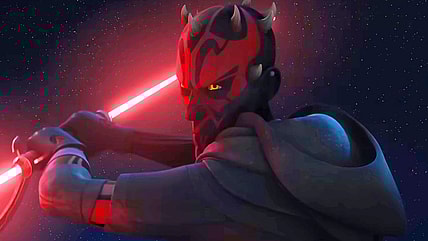 Darth Maul (Sam Witmer) challenges Obi-Wan Kenobi (Stephen Stanton) to their final duel in Star Wars Rebels Season 3 Episode 20 "Twin Suns" (2017), Disney