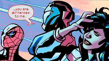 Doom, Spider-Man, Iron Lad, and America breach the barrier surrounding the Maker's City of Tomorrow in Ultimate Endgame Vol. 1 #1 (2025), Marvel Comics. Words by Deniz Camp, art by Jonas Scharf, Terry Dodson, Federico Blee, Edgar Delgado, and Cory Petit.