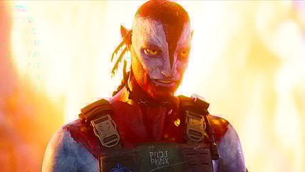 Colonel Quaritch (Stephen Lang) has a proposition for Varang (Oona Chaplin) in Avatar: Fire and Ash (2025), 20th Century Studios