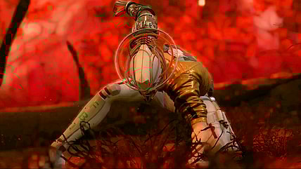 Romeo Stargazer (Antony Del Rio) hits the superhero landing after delivering a reverse Rider Kick in Romeo Is a Dead Man (2025), Grasshopper Manufacture