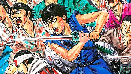 Shin and his fellow Qin Army recruits rush into battle on Yasuhisa Hara's cover to Kingdom Vol. 14 (2009), Shueisha