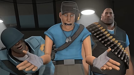 A BLU Scout (Nathan Vetterlein) is aghast at photos of a RED Spy (Dennis Bateman) being "intimate" with his mother, as Soldier (Rick May) and Heavy (Gary Schwartz) look on in Team Fortress 2 (2007), Valve