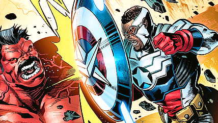 Sam Wilson defends himself against a surprise attack from the General Ross version of Red Hulk in Sam Wilson, Captain America Vol. 1 #1 "Better Angels, Part 1" (2025), Marvel COmcis. Words by Greg Pak, and Evan Narcisse, art by Eder Messias, Valentine De Landro, Fernando Sifuentes, and Joe Caramagna.