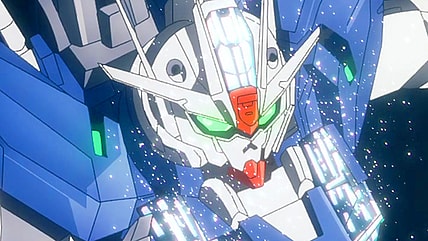 Eri (Kana Ichinose) pushes the Aerial Gundam Rebuild to block the ILTS in Mobile Suit Gundam: The Witch from Mercury Episode 23 "Unrelenting Tenderness" (2023), Bandai Namco Filmworks