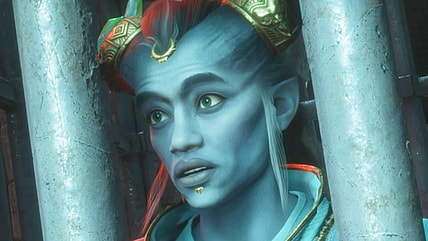 Taash (Jin Maley) is shocked to hear the Dragon King's (Michael-Leon Wooley) violent plans for her torture in Dragon Age: The Veilguard (2024), BioWare