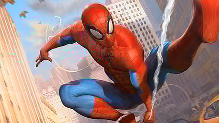 Peter Parker slings into action via Card #TBA, Magic: The Gathering - Marvel's Spider-Man (2025), Wizards of the Coast. Art by Javier Charro.