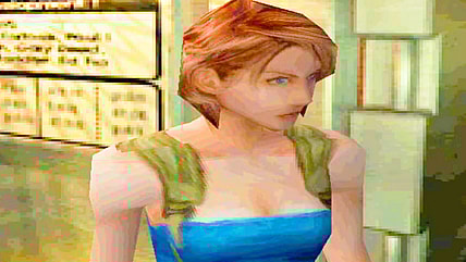 Jill Valentine (Catherine Disher) takes cover while fighting the Nemesis alongside Tyrell Patrick (Peter Windrem) in Resident Evil 3: Nemesis (1999), Capcom