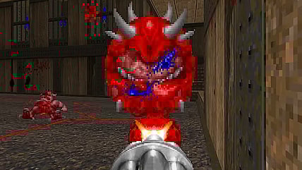 Doomguy shoots a Cacodemon right in the eye in the SIGIL 2 mod for DOOM II (1994), id Software