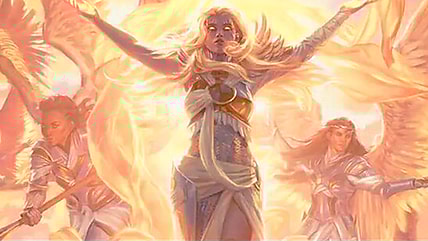 Serra and her Angels descend upon the battlefield via Armageddon (Card #1854), Magic: The Gathering - Secret Lair Drop (2025), Wizards of the Coast. Art by Kieran Yanner.