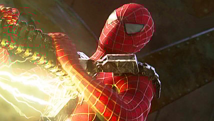 Peter 2 (Tobey Maguire) finds himself on the receiving end of a Doc Ock (Alfred Molina) - Electro (Jamie Foxx) combo in Spider-Man: No Way Home (2021), Marvel Entertainment