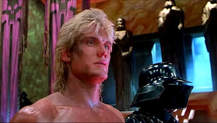 Dolph Lundgren with a look of someone not ready to kneel in Masters of the Universe (1987), Cannon Films