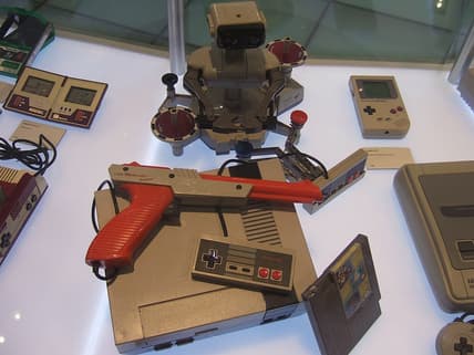 A complete set of Nintendo Entertainemt System accessories displayed at the Nintendo World Store. Via Rob DiCaterino, Wikipedia.