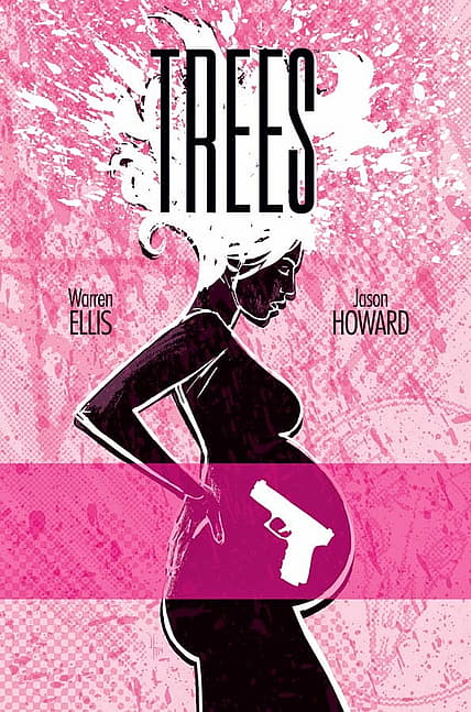 Movie poster for Trees featuring Warren Ellis and Jason Howard against pink background with