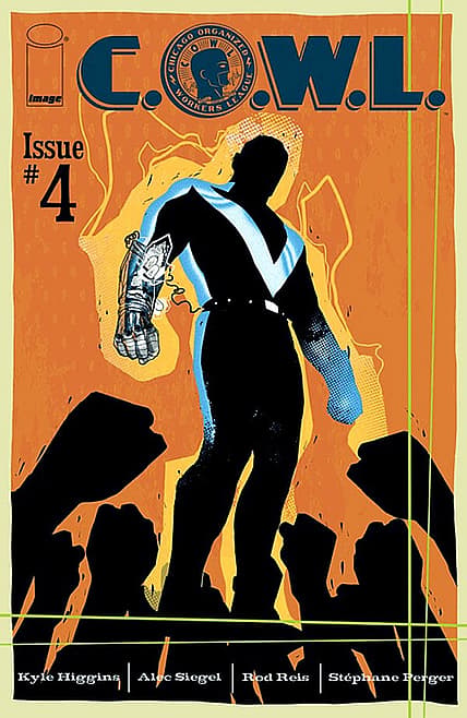 C.O.W.L. Issue 4 comic book cover featuring silhouetted superhero figure surrounded by crowd