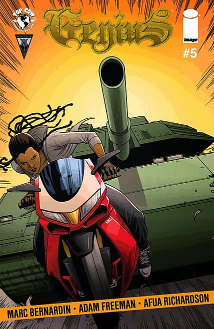 Spawn #5 comic book cover featuring character on motorcycle with tank in background