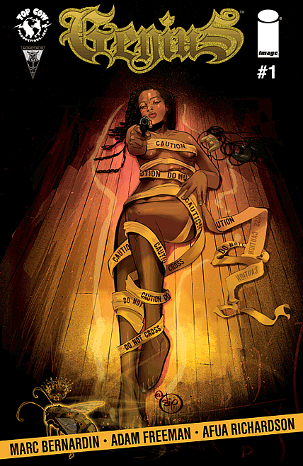 Requiem comic book cover #1 featuring a woman wrapped in caution tape against wooden background