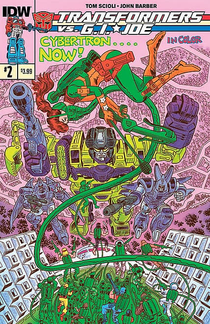 Transformers vs G.I. Joe issue 2 comic book cover featuring Cybertron battle scene