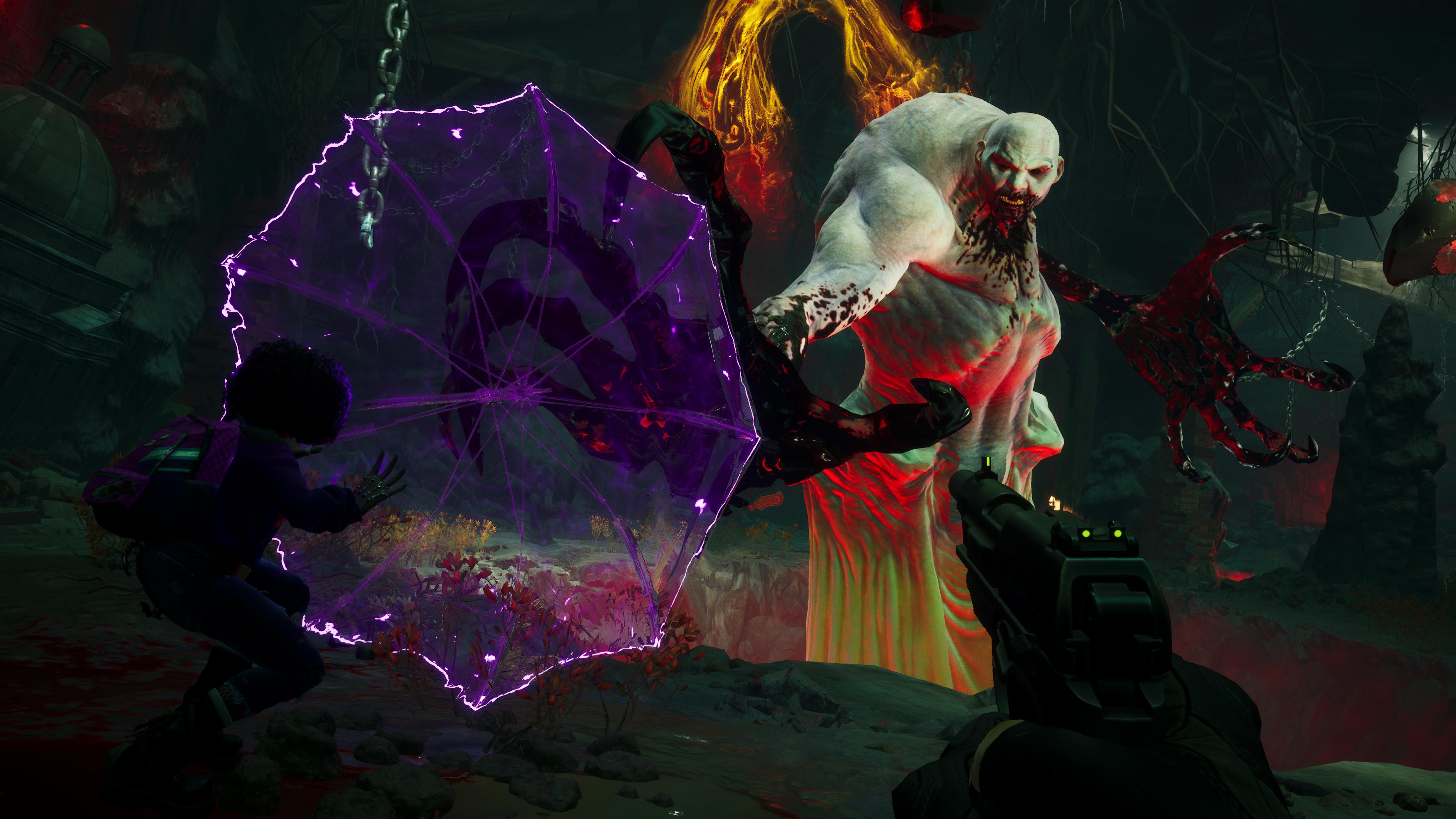 Layla Ellison (Queen Noveen) creates a telekinetic umbrella to protect herself from Bloody Tom in Redfall (2023), Bethesda Softworks