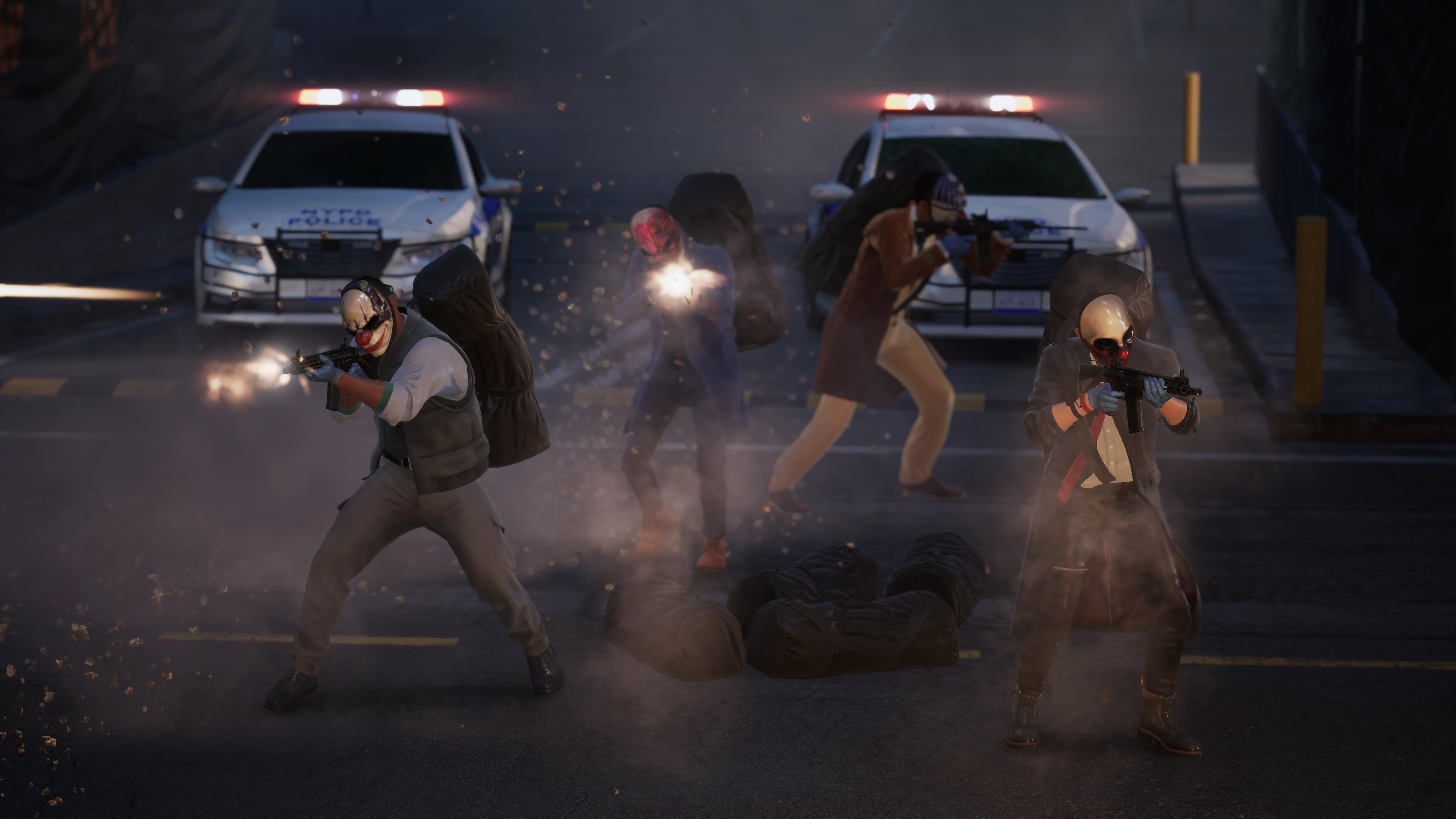 Chains (Howard Thompson), Hoxton (Pete Gold), Dallas (Simon Kerr), and Wolf (Nicklas Berglund) surrounded by cops in Payday 3 (2023), Deep Silver