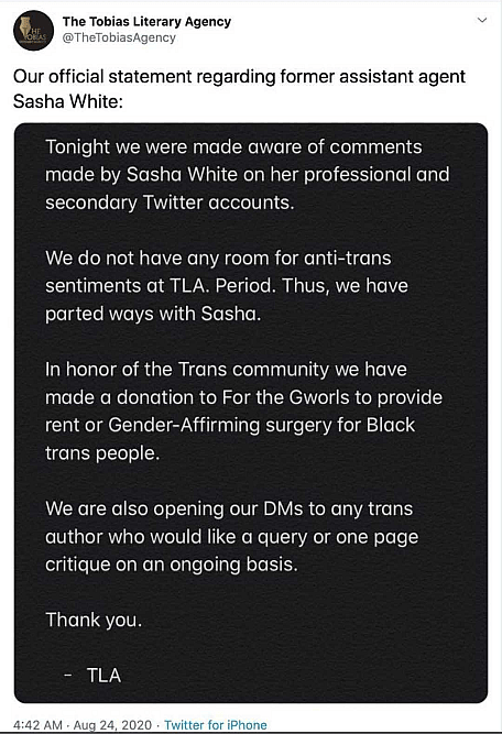 Literary Assistant Sasha White Dropped by The Tobias Literary Agency For Retweet That Made Distinction Between Biological and Trans Women