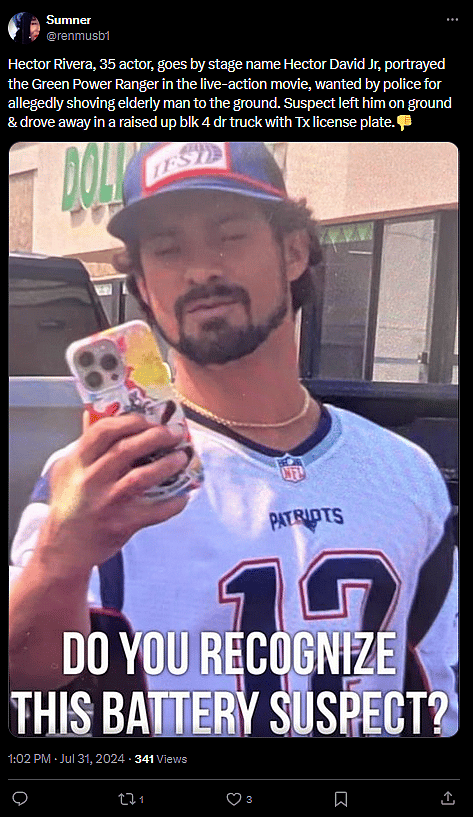 Hector Rivera, 35 actor, goes by stage name Hector David Jr, portrayed the Green Power Ranger in the live-action movie, wanted by police for allegedly shoving elderly man to the ground. Suspect left him on ground & drove away in a raised up blk 4 dr truck with Tx license plate.👎