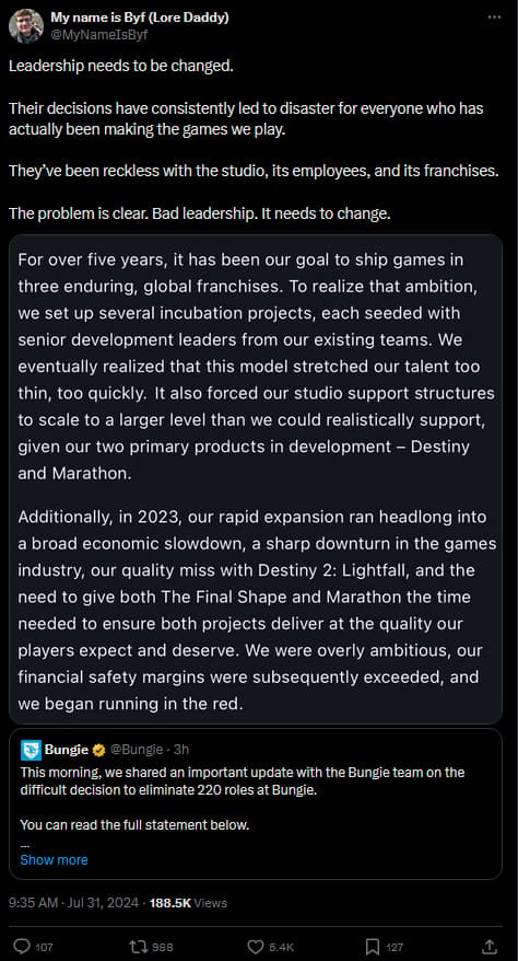 Leadership needs to be changed.

Their decisions have consistently led to disaster for everyone who has actually been making the games we play. 

They’ve been reckless with the studio, its employees, and its franchises.

The problem is clear. Bad leadership. It needs to change.