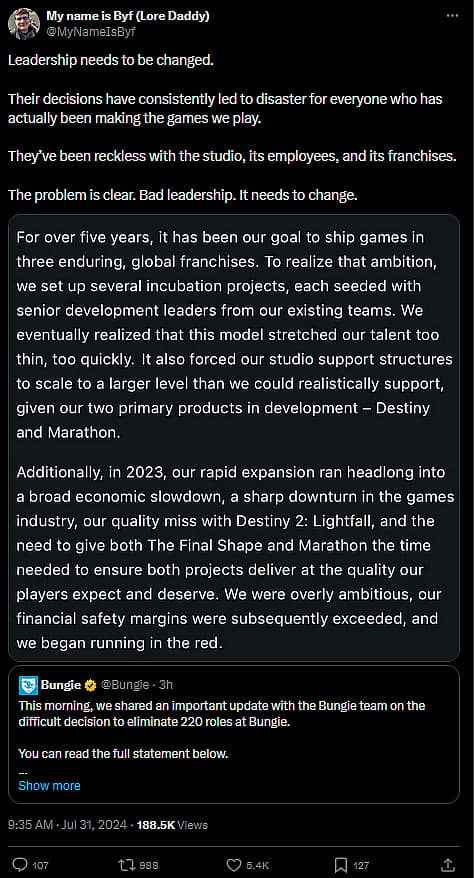 Text about bad leadership decisions affecting studio, employees, and game franchises