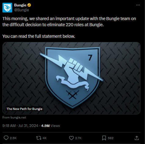 This morning, we shared an important update with the Bungie team on the difficult decision to eliminate 220 roles at Bungie. 

You can read the full statement below.
