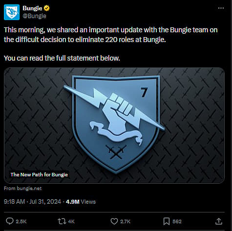 Bungie announces elimination of 220 roles