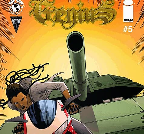 Spawn #5 comic book cover featuring character on motorcycle with tank in background
