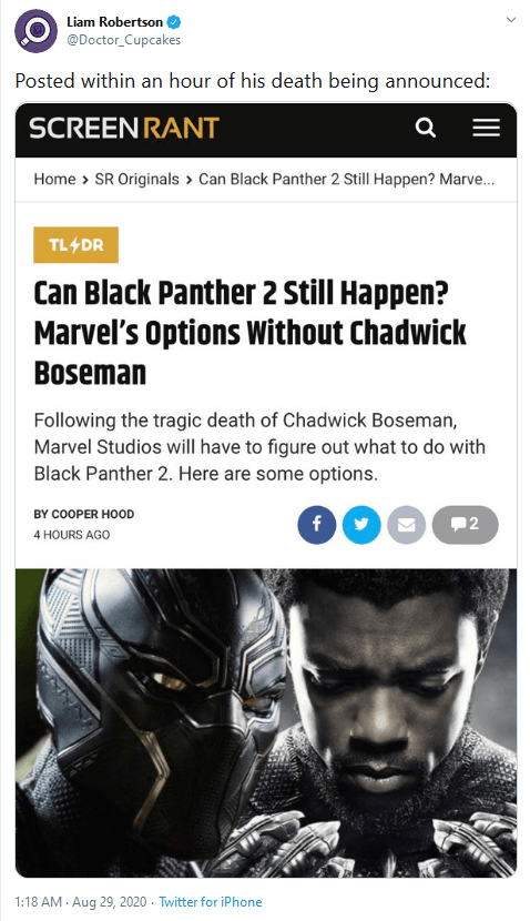 Screenrant Apologizes for Publication of Speculative Black Panther 2 Article Just Hours After the Passing of Chadwick Boseman