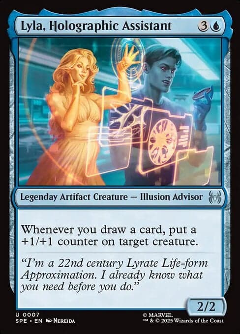 Spider-Gwen takes on Electro via Lyla, Holographic Assistant (Card #202), Magic: The Gathering - Marvel's Spider-Man Eternal (2025), Wizards of the Coast. Art by Nereida.