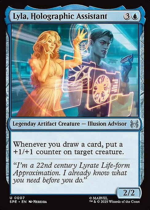 Spider-Gwen takes on Electro via Lyla, Holographic Assistant (Card #202), Magic: The Gathering - Marvel's Spider-Man Eternal (2025), Wizards of the Coast. Art by Nereida.