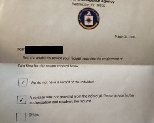 CIA Response on Tom King