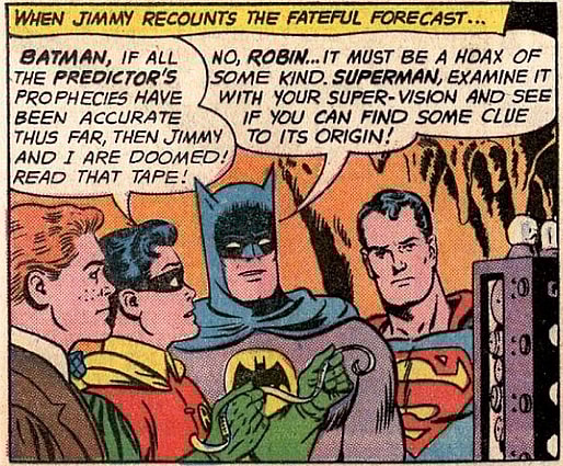 Batman debuts his now classic 'yellow oval' emblem in World's Finest Vol. 1 #141 "The Olsen-Robin team versus the Superman-Batman Team!" (1964), DC. Words by Edmond Hamilton, art by Curt Swan, George Klein, and Mort Weisinger.