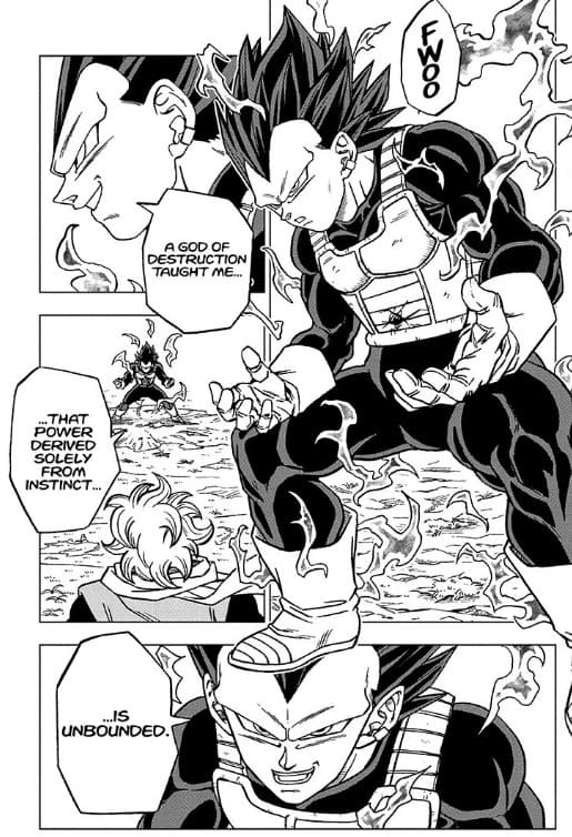 The Prince of All Saiyans taps debuts his Ultra Ego form in Dragon Ball Super Chapter 74 "Vegeta vs Granolah" (2021), Shueisha. Words and art by Toyotarou.