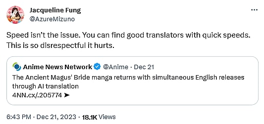 Jacqueline Fung weighs in on The Ancient Magus' Bride's AI translations