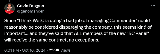 Commander format rules committee founder Gavin Duggan weighs in on the current situation involving the 'Magic: The Gathering' play style and Wizards of the Coast.