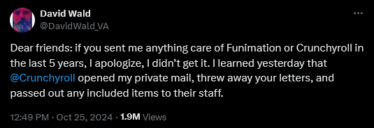 English anime voice actor David Wald claims Crunchyroll spent the last five years stealing his mail.