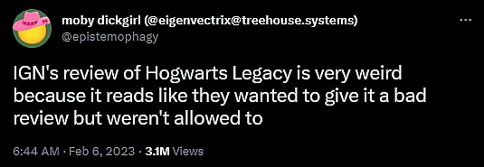 @epistemophagy questions IGN's review of Hogwarts Legacy
