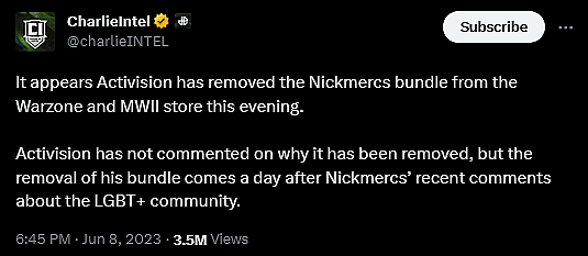 charlieINTEL discovers the removal of the Nickmercs bundle