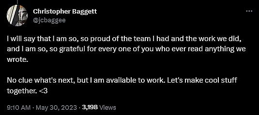 Christopher Baggett announces his lay off from CBR