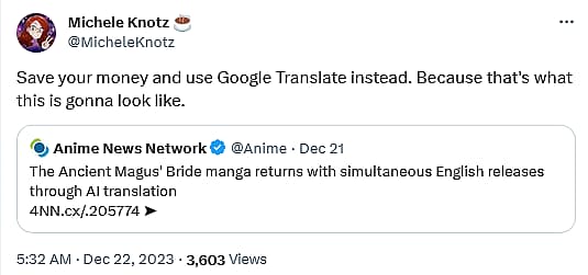 Michele Knotz weighs in on The Ancient Magus' Bride's AI translations
