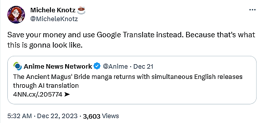 Michele Knotz weighs in on The Ancient Magus' Bride's AI translations