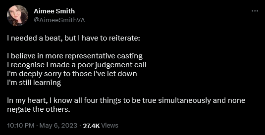 Voice actress Aimee Smith apologizes for being cast as a character with less-than-pearly-white skin.