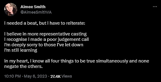 Voice actress Aimee Smith apologizes for being cast as a character with less-than-pearly-white skin.