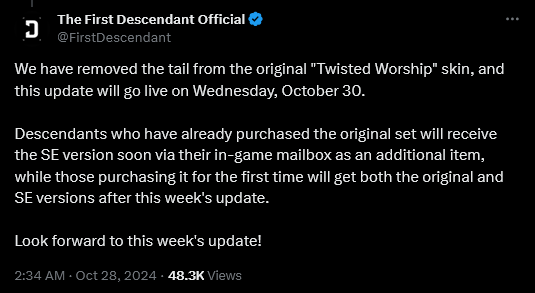 Nexon announces a change to the Twisted Worship skin in 'The First Descendant' (2024), Nexon Games
