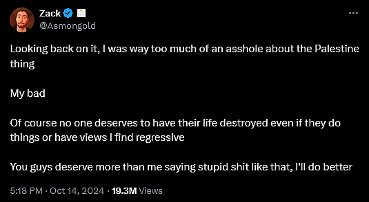 Asmongold apologizes for his anti-Palestinian rant.