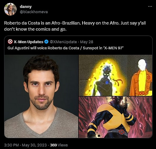 @blackhomeva criticizes Gui Augstini's casting as Sunspot in Marvel's 'X-Men '97'